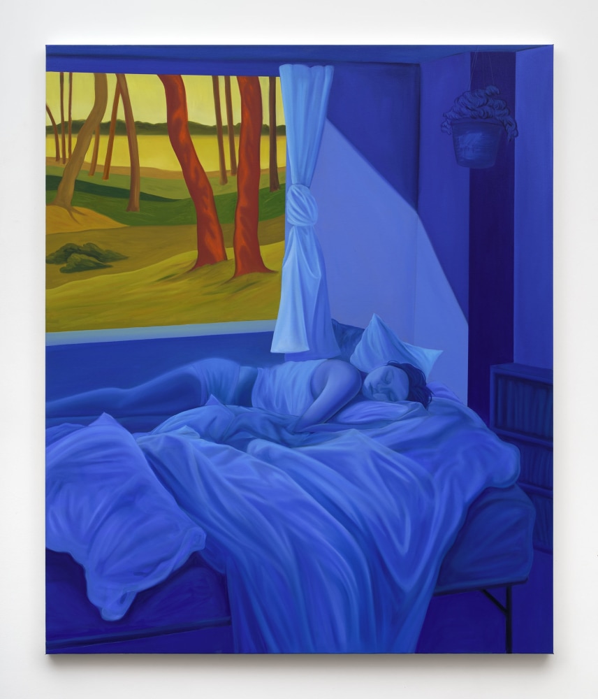 A painting of a woman asleep in a blue room beside an open window revealing a field of trees