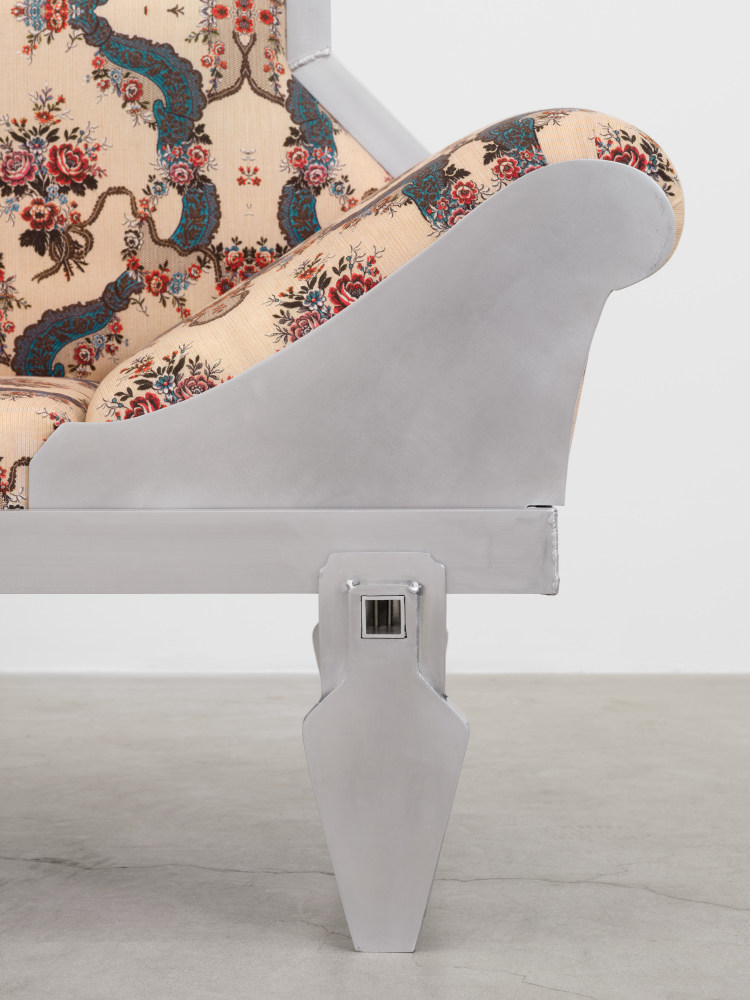 Carla Edwards, Chaise for Ghosts (Mirror), 2023 ​​​​​​​aluminum, tabby, custom textile, offering