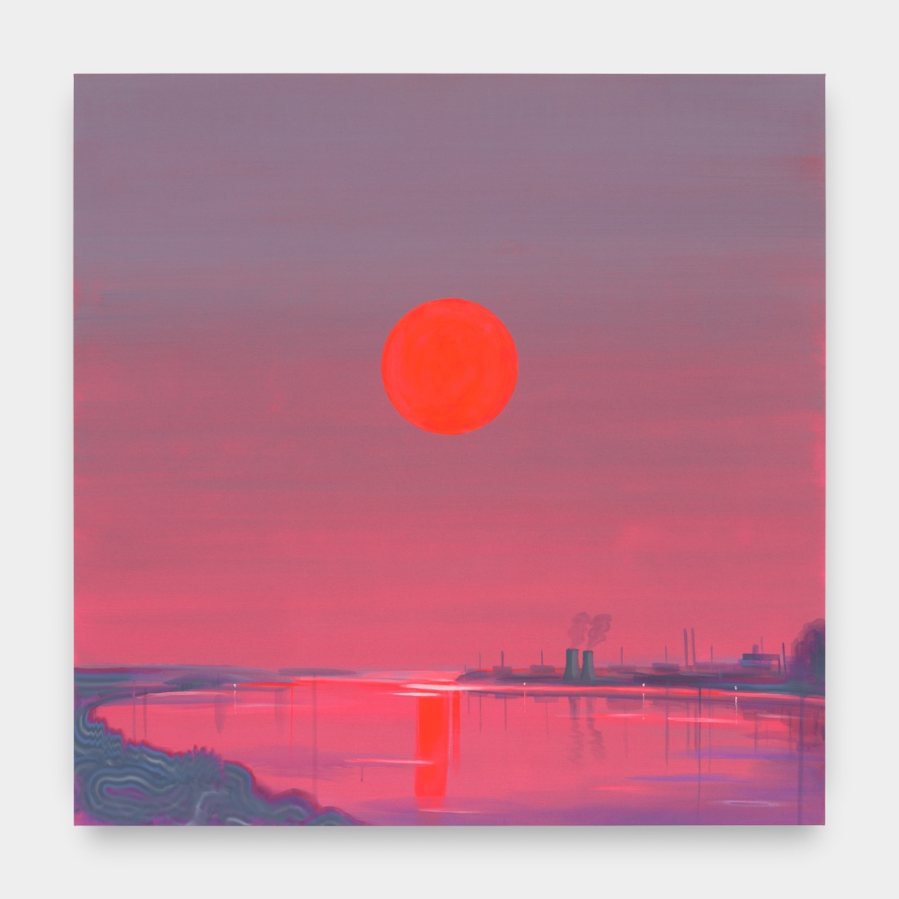 A pink and purple painting of a sunset with a large moon in the center, and a power plant in the distance.