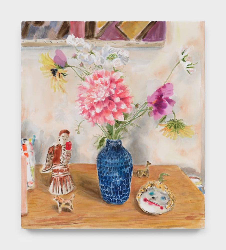 A still life painting with a vase of flowers, figuring holding a candle and a cup of markers.