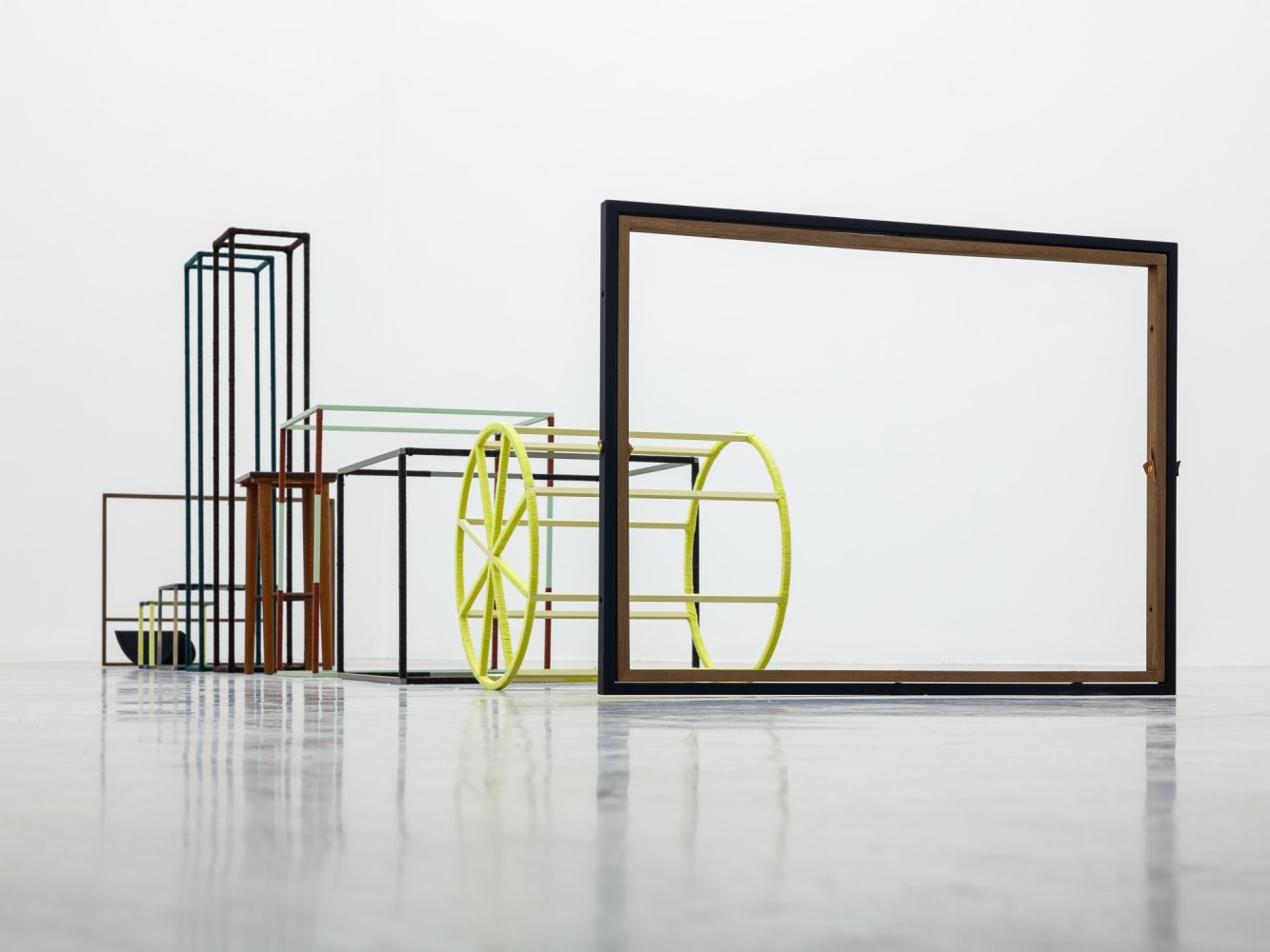 Suki Seokyeong Kang (b.1977)  Pause and Position - Jeong, 2012-2018  Painted steel, thread, wood, table  Dimensions variable