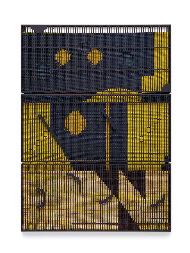 Suki Seokyeong Kang (b.1977)

Mat 120 x 165 #21-25, 2020-2021

Painted steel, woven dyed Hwamunseok, thread, wood frame, brass bolts, leather scraps

68.5 x 49.61 x 1.97 inches

174 x 126&amp;nbsp; x 5 cm