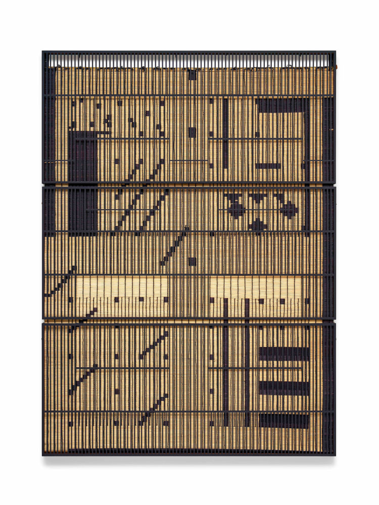 Suki Seokyeong Kang (b.1977)
Mat 120 x 165 #20-17, 2018-2020
Painted steel, woven dyed Hwamunseok, thread, wood frame, brass bolts, leather scraps
68 1/2 x 49 5/8 x 1 15/16 inches
174 x 126 x 5 cm