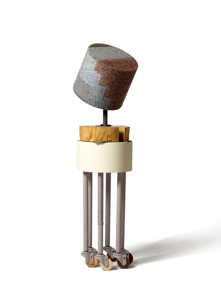 Narrow Meadow #19-14 by Suki Seokyeong Kang, 2018-19. Assembled units, painted steel, thread, brass, tree trunk, leather scraps, nail, wood wheel, Sculpture, Tina Kim Gallery