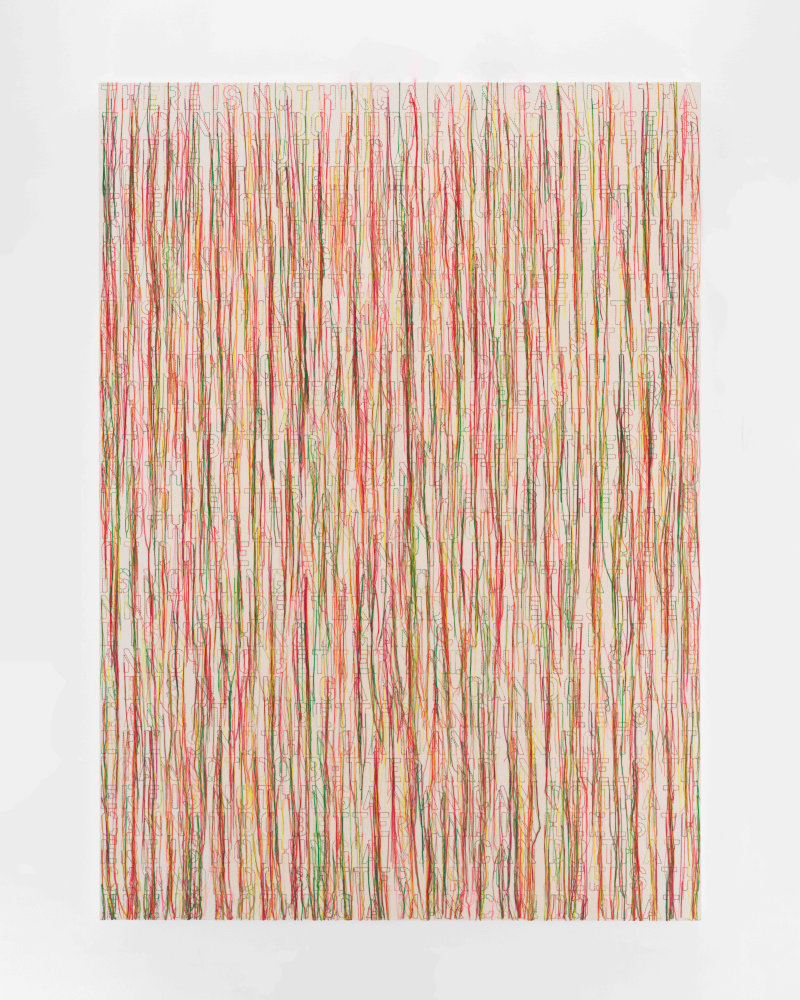 Ghada Amer (b. 1963)
I CAN DO BETTER IN HEELS, 2022
Embroidery and gel medium on canvas
70 x 50 inches
177.8 x 127 cm