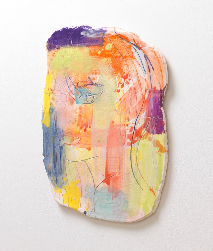 Ghada Amer (b. 1963)  Portrait of a Girl in an Abstract Composition #3, 2014  Glazed stoneware with colored slip and majolica wash  27.25 x 19.75 x 1 inches