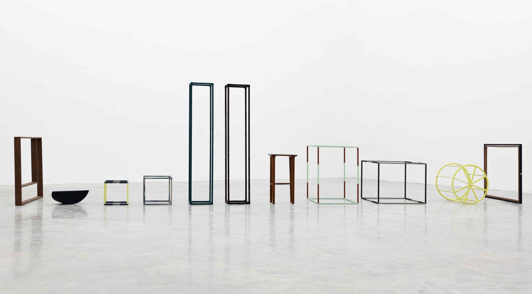 Suki Seokyeong Kang (b.1977)  Pause and Position - Jeong, 2012-2018  Painted steel, thread, wood, table  Dimensions variable