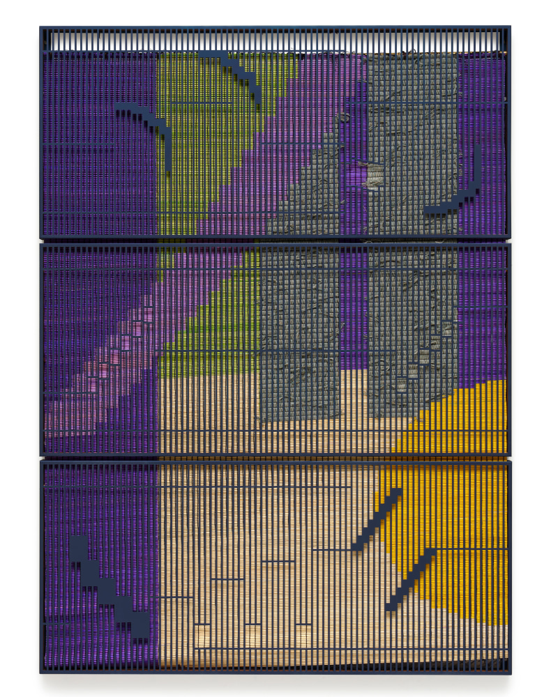 Suki Seokyeong Kang (b.1977)
Mat 120 &amp;times; 165 #22-53, 2021-2022
Painted steel, woven dyed Hwamunseok, thread, wood frame, brass bolts, leather scraps
68 1/2 x 49 5/8 x 2 in
174 x 126 x 5 cm