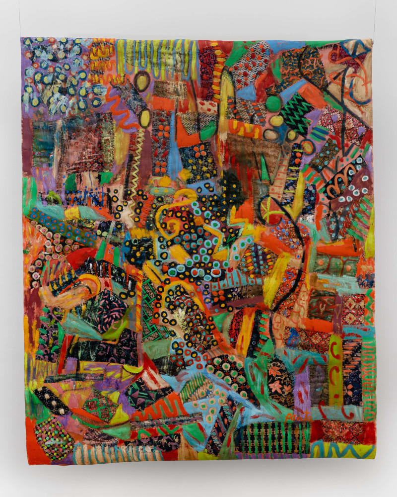 Pacita Abad (1946-2004)
Stella by Starlight, 2002
Oil, Nias batik, batik, printed cloth stitched on canvas
90 x 72 in
228.6 x 182.9 cm