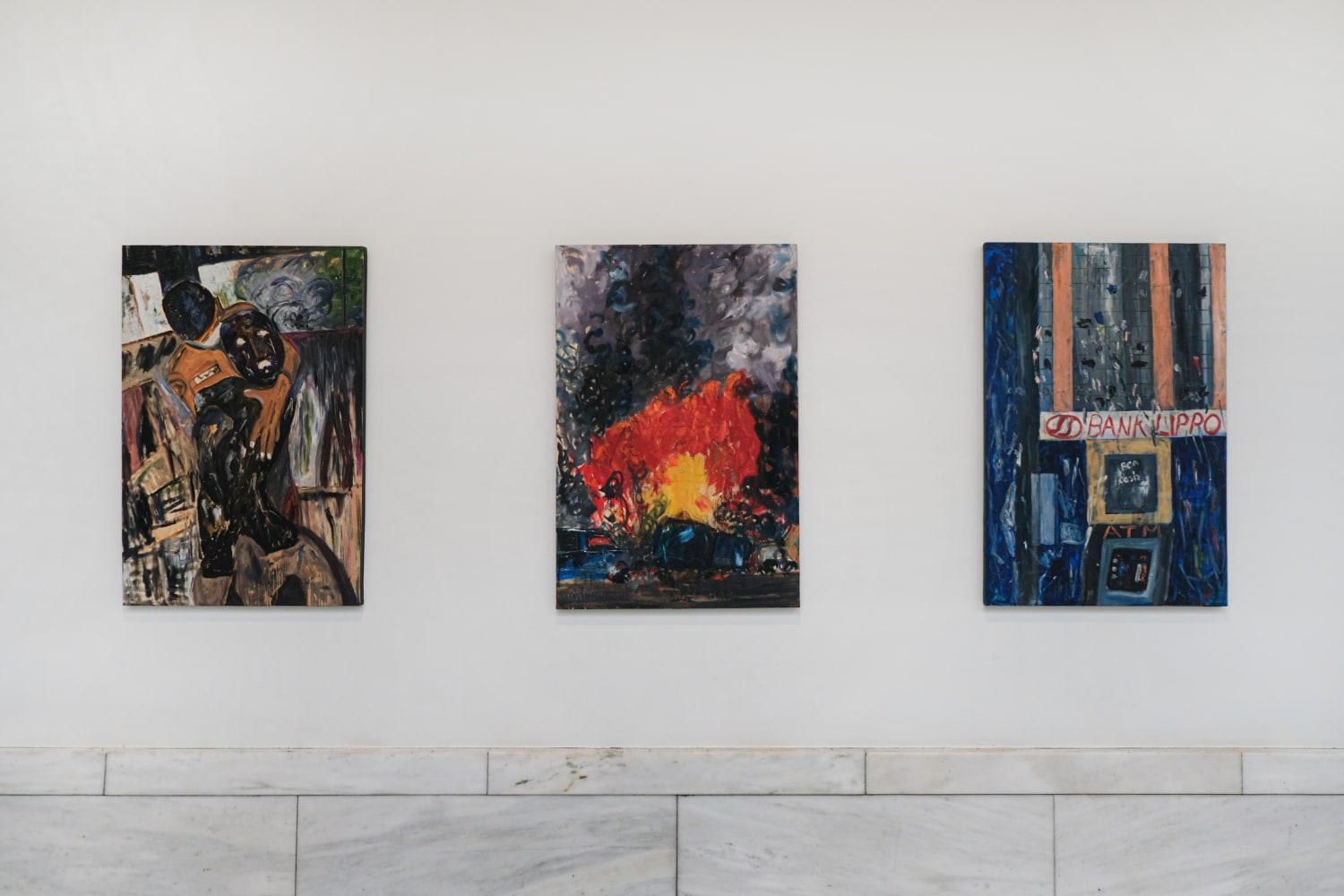 (From the left)&amp;nbsp;Installation view of Pacita Abad,&amp;nbsp;Burnt Man,&amp;nbsp;1998,&amp;nbsp;Glodok burning,&amp;nbsp;1998, and&amp;nbsp;Bank Lippo,&amp;nbsp;1998&amp;nbsp;at&amp;nbsp;Carnegie Museum of Art.&amp;nbsp;Image courtesy of Pacita Abad Art Estate and Tina Kim Gallery.