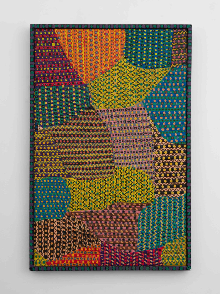 Pacita Abad (1946-2004)
Yellow screen, 1988
Acrylic, mirrors on stitched and padded canvas
58 x 31 inches
147.3 x 78.7 cm
Framed dimensions:
50 3/4 x 33 1/4 x 1 3/4 inches
128.9 x 84.5 x 4.44 cm