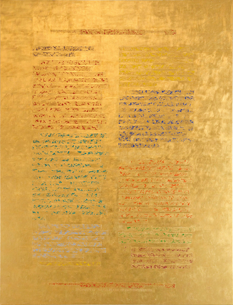 Jenny Holzer (b. 1950)

Attribution is a Bear, 2018-22

24K gold leaf, hand-colored kozo paper and oil on linen

58 x 44 x 1.5 inches

147.3 x 111.8 x 3.8 cm