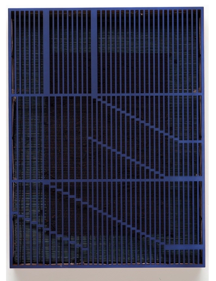 Suki Seokyeong Kang (b.1977)

Mat 61 x 81 #22-49, 2018-2022

Painted steel, woven dyed Hwamunseok, thread, wood frame, brass bolt, leather scraps

Dimensions:

32 1/4 x 24 1/4 x 3 1/4 inches

81.6 x 61.5 x 8 cm

Inv# 14589