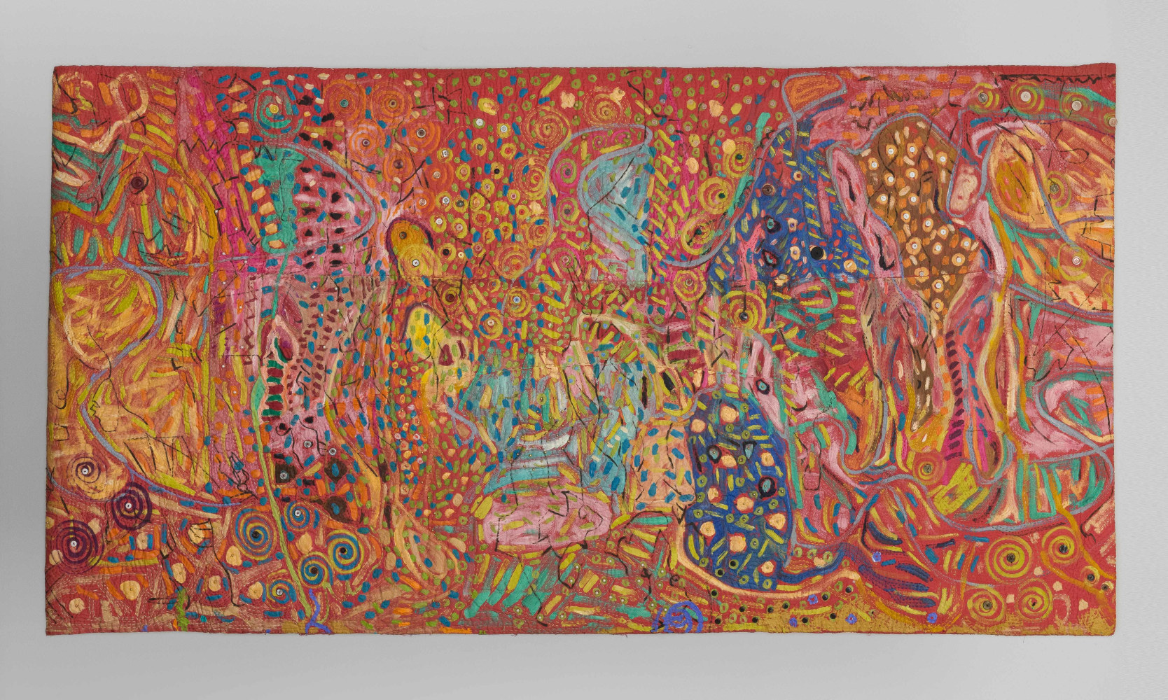 Pacita Abad (1946-2004)
Colorful Nights, 1996
Oil, mirrors, buttons, plastic pearls stitched on canvas
59 x 110 in
149 7/8 x 279 3/8 cm