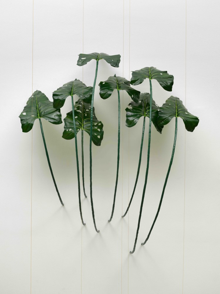 Tania P&amp;eacute;rez C&amp;oacute;rdova (b. 1979)
Philodendron Stenolobum (70% chance of rain), 2022
Iron, epoxy clay, plastic, acrylic, gold plated brass chain, patterns of leaf damage
63 x 54 x 29 in
160 x 137 x 73.5 cm