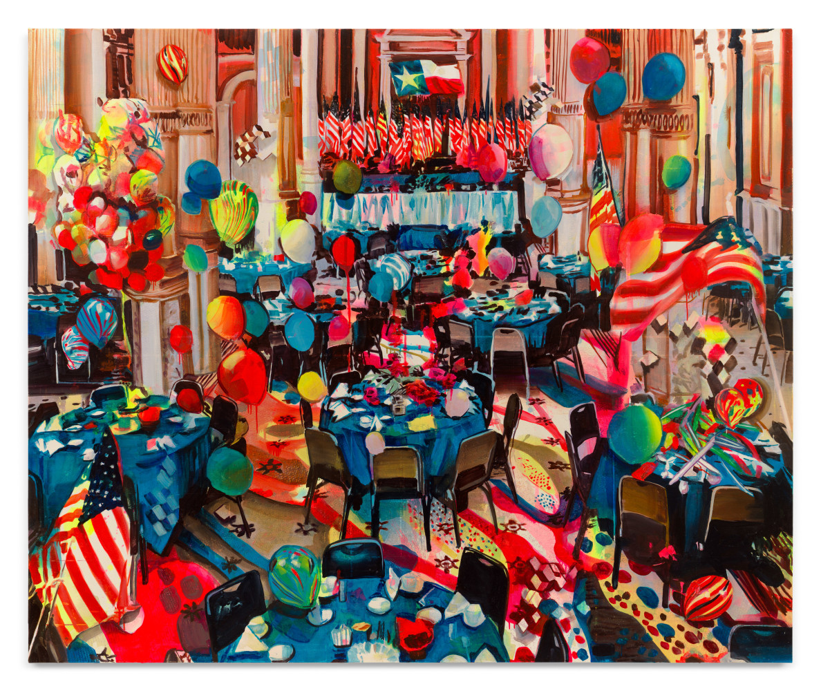 Rosson Crow,&amp;nbsp;Dallas Trade Mart, 1:13 PM, November 22nd, 1963, 2022, Acrylic, spray paint, photo transfer, and oil on canvas, 70 x 84 inches, 177.8 x 213.4 cm,&amp;nbsp;MMG#36189