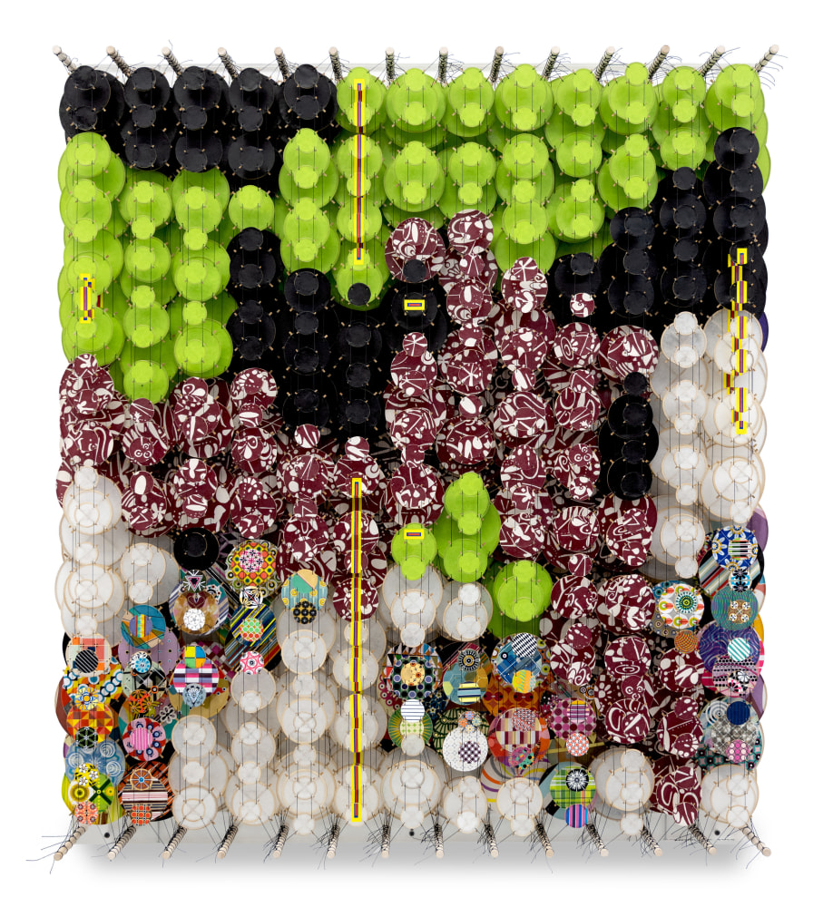 Jacob Hashimoto,&amp;nbsp;In the end, if we had known better, it would have been beautiful, 2025, Acrylic, bamboo, paper, wood, and Dacron, 54 x 48 x 8 1/4 inches, 137.2 x 121.9 x 21 cm, MMG#37697