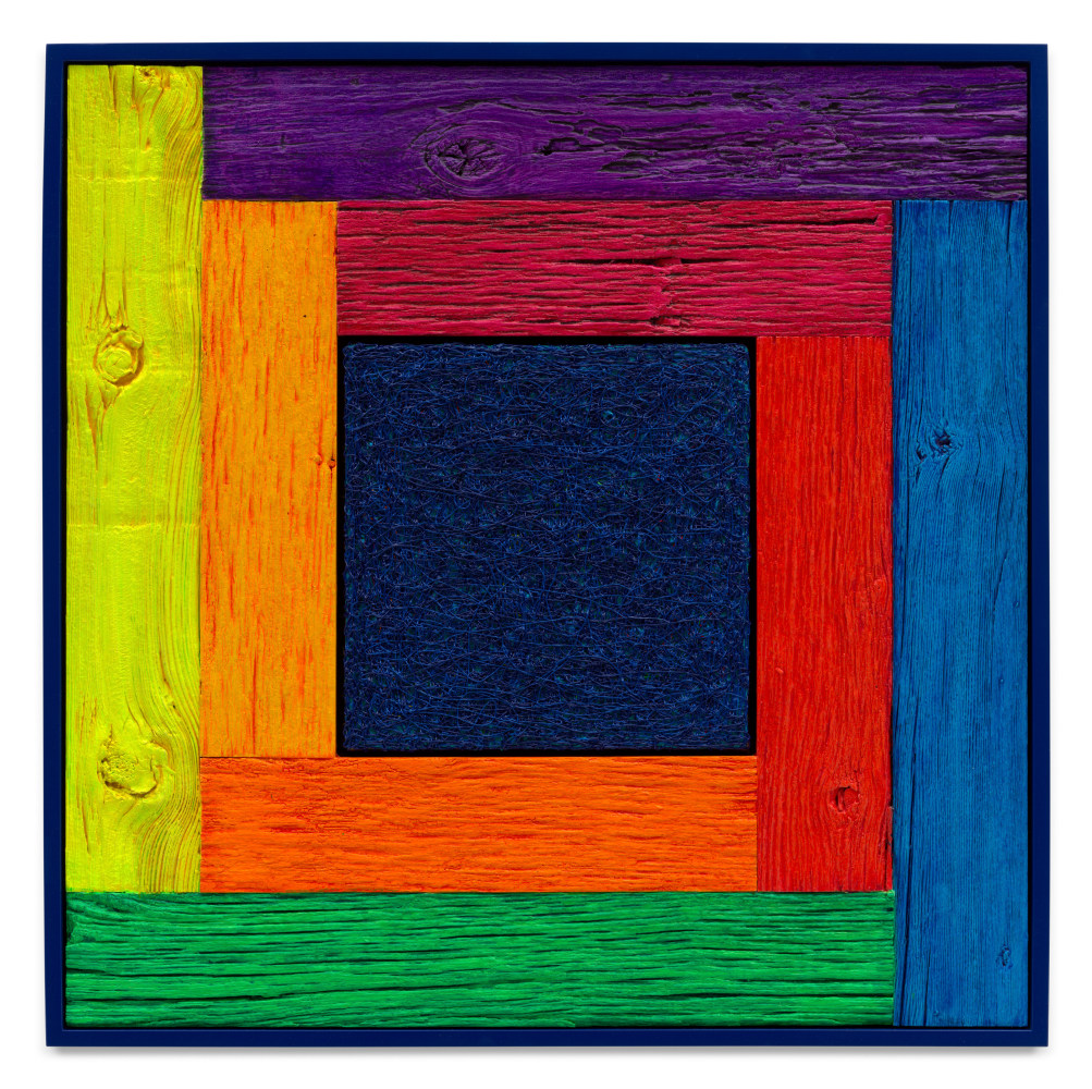 Douglas Melini, Untitled (Tree Painting-Coencentric, Full Spectrum Blue), 2023, Oil on linen and acrylic stain on reclaimed wood with artist frame, 30 x 30 inches, 76.2 x 76.2 cm,&amp;nbsp;MMG#36049