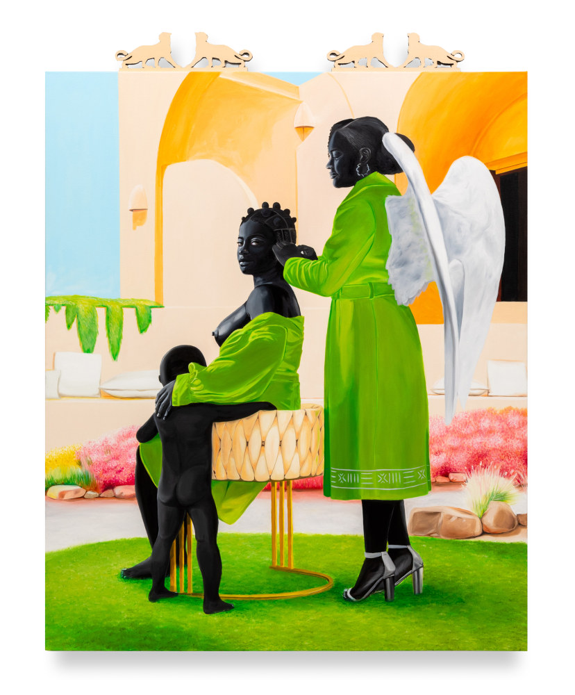 Conrad Egyir, Milk, Honey and Refuge, 2024, Oil, acrylic, and mounted wood on canvas, 77 x 60 inches, 198.1 x 152.4 cm,&amp;nbsp;MMG#36549