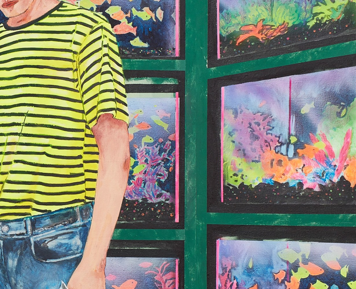 Hernan Bas,&amp;nbsp;The GloFish Enthusiast, 2019 (detail)

Acrylic on linen, 84 x 72 inches (213.3 x 182.8 cm)

Photo by Silvia Ros. Private collection