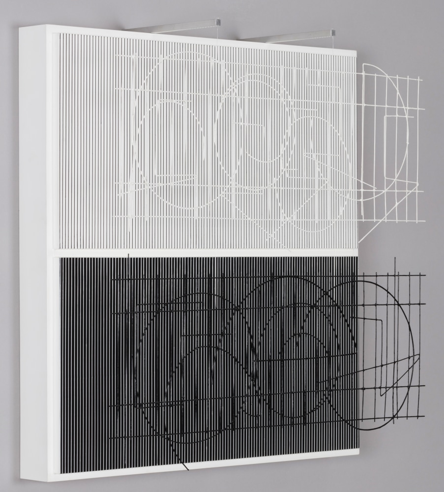 This double panel of composite structures shows an even more abstract version of the Escrituras developed by Soto decades earlier. Instead of traces still close to characters, the wires constitute interconnected sequences that are more similar to drawings, allowing spectators to grasp, in one single view, the general tendency of each part. Instead of stopping perception in the rhythms of reading, this Doble escritura contrasts the precision and clarity of the trace with the alternating density of the reticular lines (stronger white lines above, stronger black lines below), resulting in a composition whose vibrations reaffirm materiality. Works such as this point towards Soto&amp;rsquo;s continual experimentation, an artist willing even to play with the modalities of his own concepts, like that of dematerialization: in the end, the immaterial and the material are two sides of the same coin.