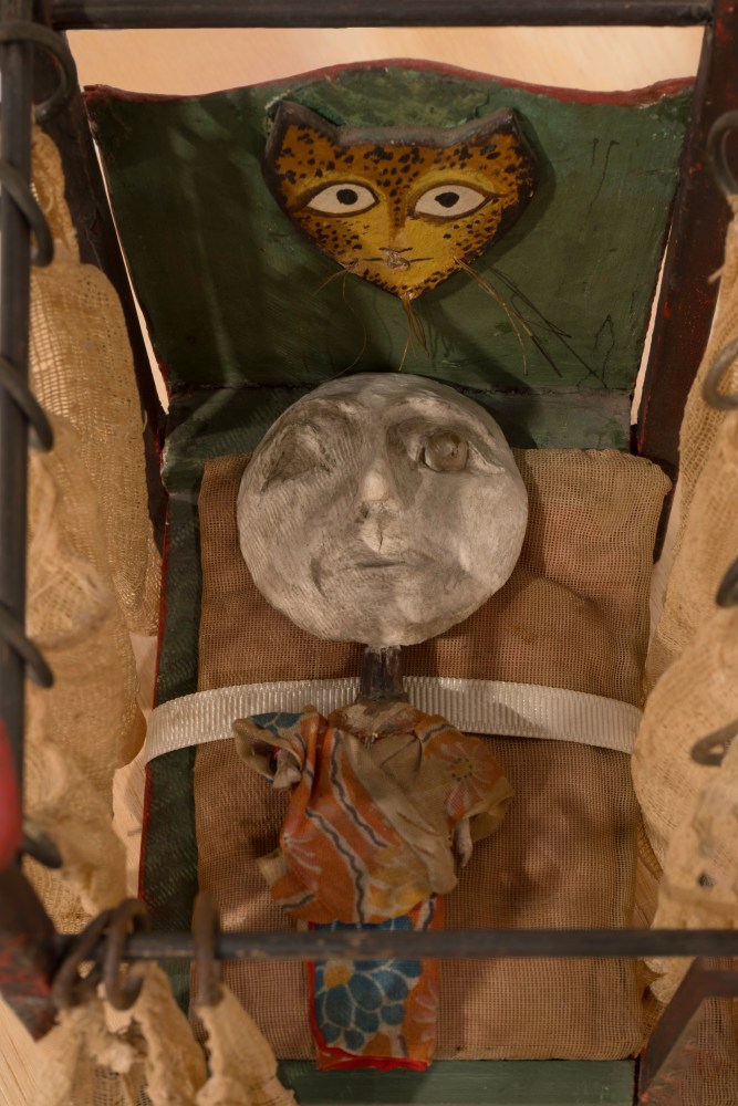 Leonora Carrington

Cama con mu&amp;ntilde;eca, 1948

Polychrome wood (red sgraffito covered with black paint), metal, silk, cotton, and beads

20 x 16 x 12 cm

7 3/4 x 6 1/4 x 4 3/4 in

Unique