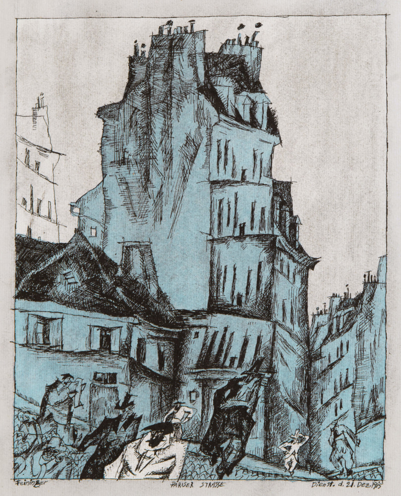 Lyonel Feininger (1871&amp;ndash;1956)

Pariser Strasse, 1915

(Paris Street)

Watercolor and ink on paper 

11 9/10 x 8 8/9 in. (30.2 x 22.4 cm)

Signed lower left:&amp;nbsp;Feininger

Dated lower right:&amp;nbsp;Dienst. d. 21. Dez. 1915

Titled lower center:&amp;nbsp;PARISER STRASSE

Inscribed bottom left:&amp;nbsp;X