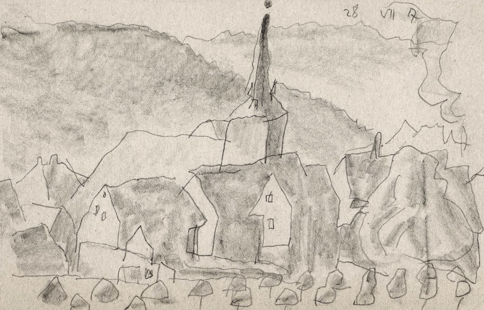 Lyonel Feininger (1871&amp;ndash;1956)
(Braunlage with Church St. Trinitas), 1917
Pencil on paper
3 7/8&amp;nbsp;x 6 1/4&amp;nbsp;in. (9.8&amp;nbsp;x 15.9&amp;nbsp;cm)
Dated upper right:&amp;nbsp;28 VII 17