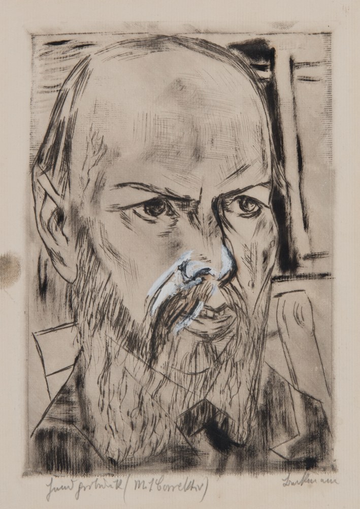 Max Beckmann (1884&amp;ndash;1950)

Dostojewski I, 1921

(Dostoyevsky I)

Drypoint with white heightening on laid paper

Sheet: 12 7/10 x 10 in. (32.2 x 25.4 cm)

Image: 7 1/2 x 5 3/8 in. (19 x 13.6 cm)

Signed lower right: Beckmann

Inscribed lower left: Handprobedruck (mit Correctur)

&amp;nbsp;

Artist&amp;rsquo;s/trial proof | Hofmaier 186 I