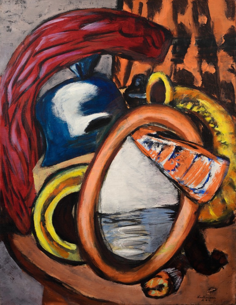 Max Beckmann (1884&amp;ndash;1950)

Stillleben mit Helm und rotem Pferdeschwanz, 1943

(Still-Life with Helmet and Red Horse&amp;#39;s Tail)

Oil on canvas

33 1/2 x 25 3/4 in. (85 x 65.5 cm)

Signed and dated lower right:&amp;nbsp;Beckmann A.44

Painted in Amsterdam in 1943-44
