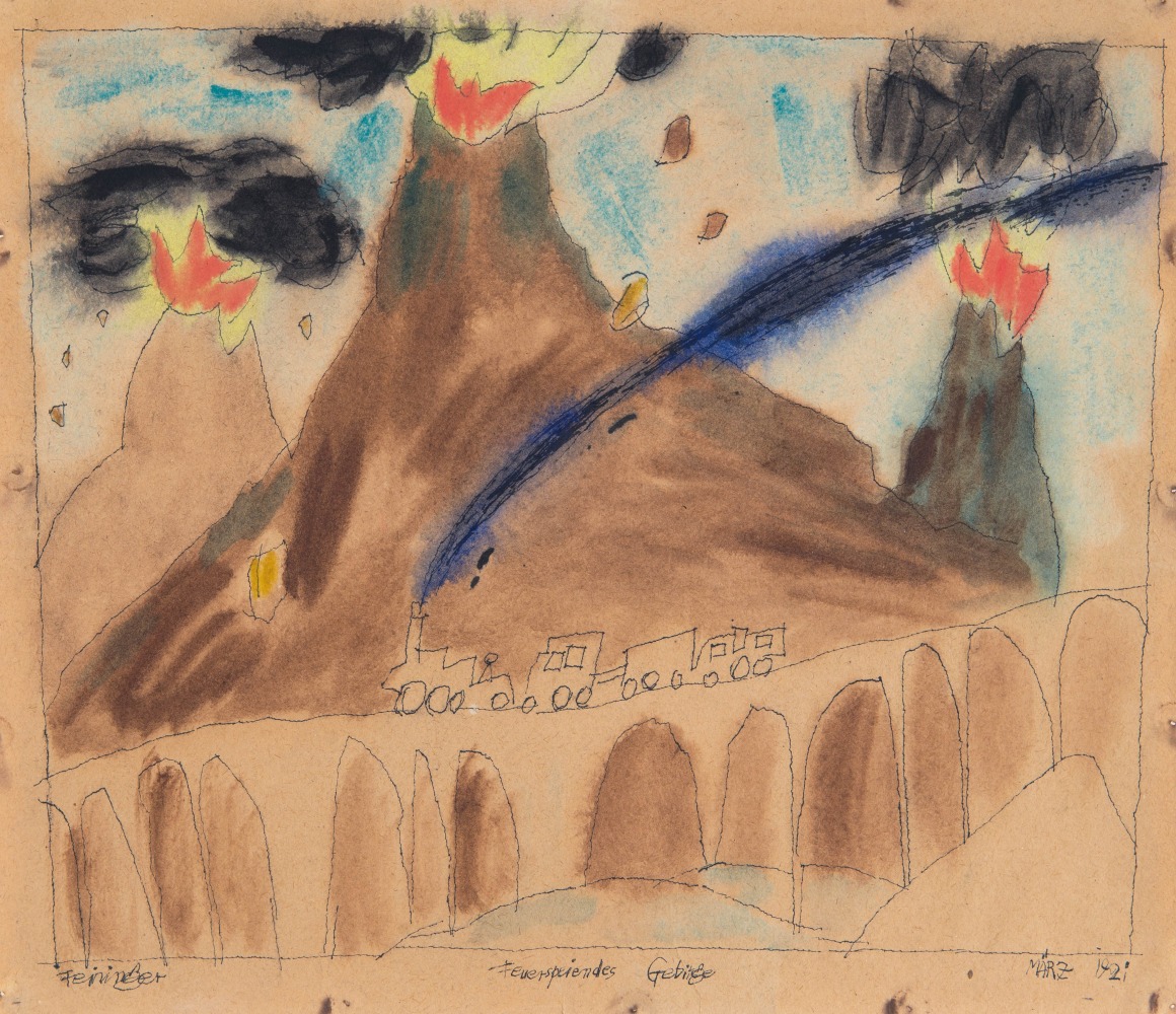Lyonel Feininger (1871&amp;ndash;1956)

Feuerspeiendes Gebirge (Volcanic Mountains), 1921
Watercolor and ink on paper
10 13/16 x 8 7/8 in. (27.5 x 23.5 cm)

Signed lower left:&amp;nbsp;Feininger

Dated lower right:&amp;nbsp;MÄRZ 1921
Titled lower center:&amp;nbsp;Feuerspeiendes Gebirge