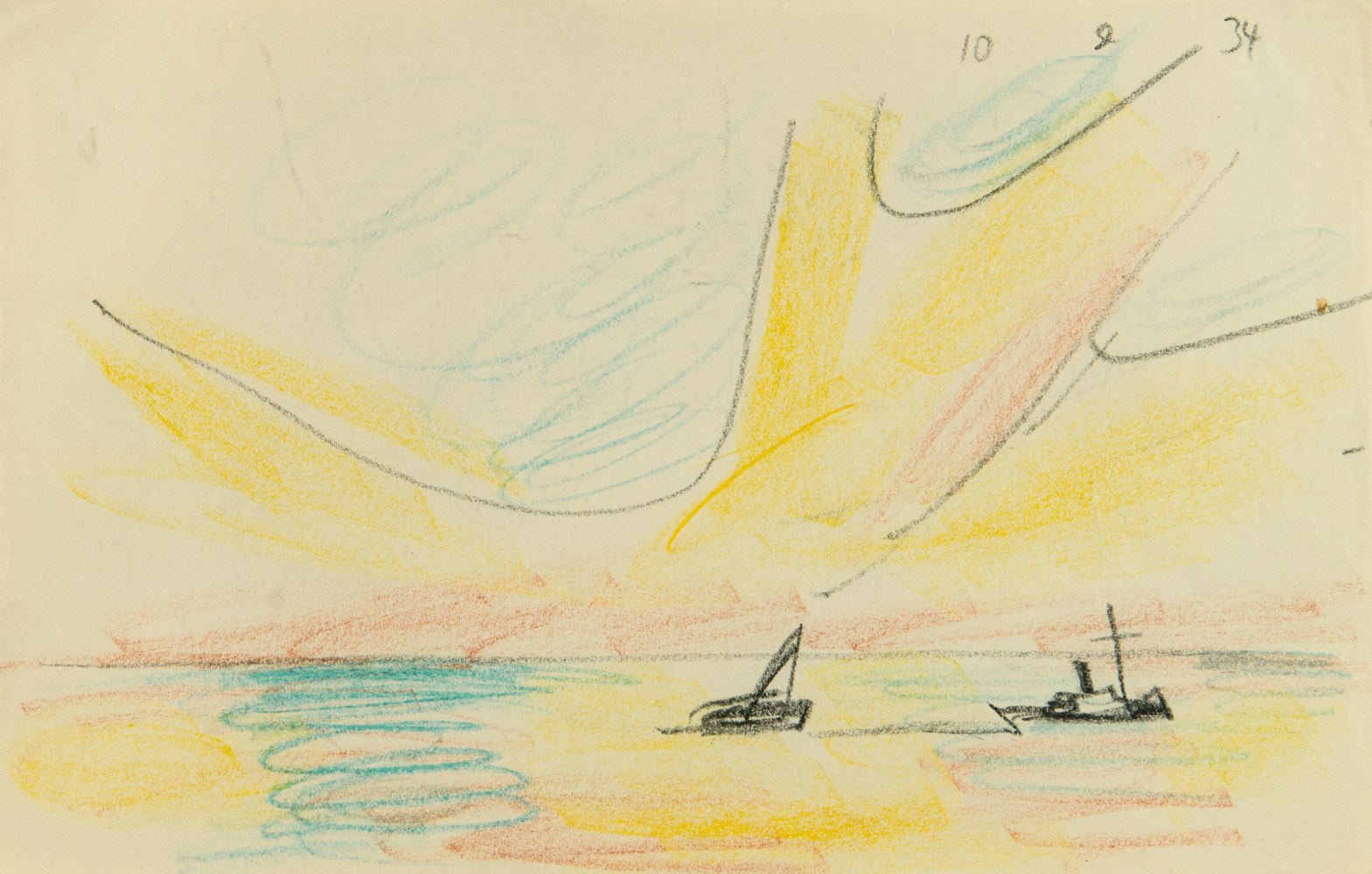 Lyonel&amp;nbsp;Feininger (1871&amp;ndash;1956)
(Two Boats on the Sea at Sundown), 1934
Crayon and pencil on paper
5 9/16&amp;nbsp;x 8 3/4&amp;nbsp;in. (14.1&amp;nbsp;x 22.2&amp;nbsp;cm)
Dated upper right:&amp;nbsp;10 9 34
