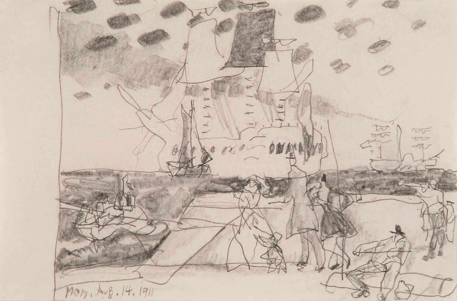 Lyonel&amp;nbsp;Feininger (1871&amp;ndash;1956)

(On the Quay, Baltic Sea), 1911

Pencil on paper
3 5/8 x 5 1/2 in. (9.2 x 14 cm)

Dated lower left:&amp;nbsp;Mon. Aug. 14. 1911