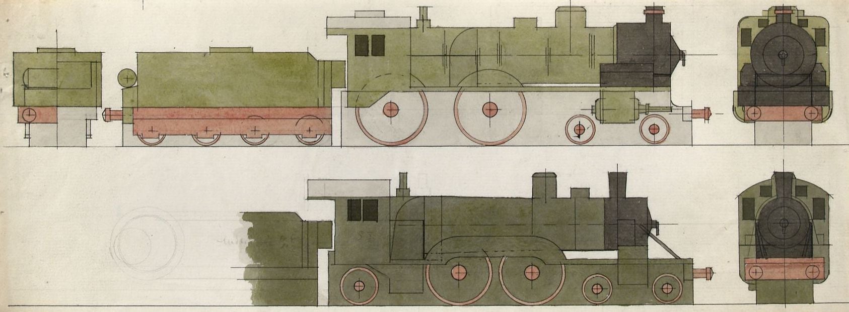 Lyonel Feininger (1871&amp;ndash;1956)

(Profile for Model Train Set, Two Engines), 1914

Watercolor and ink&amp;nbsp;on paper
4 3/4&amp;nbsp;x 13&amp;nbsp;in. (12&amp;nbsp;x 33&amp;nbsp;cm)