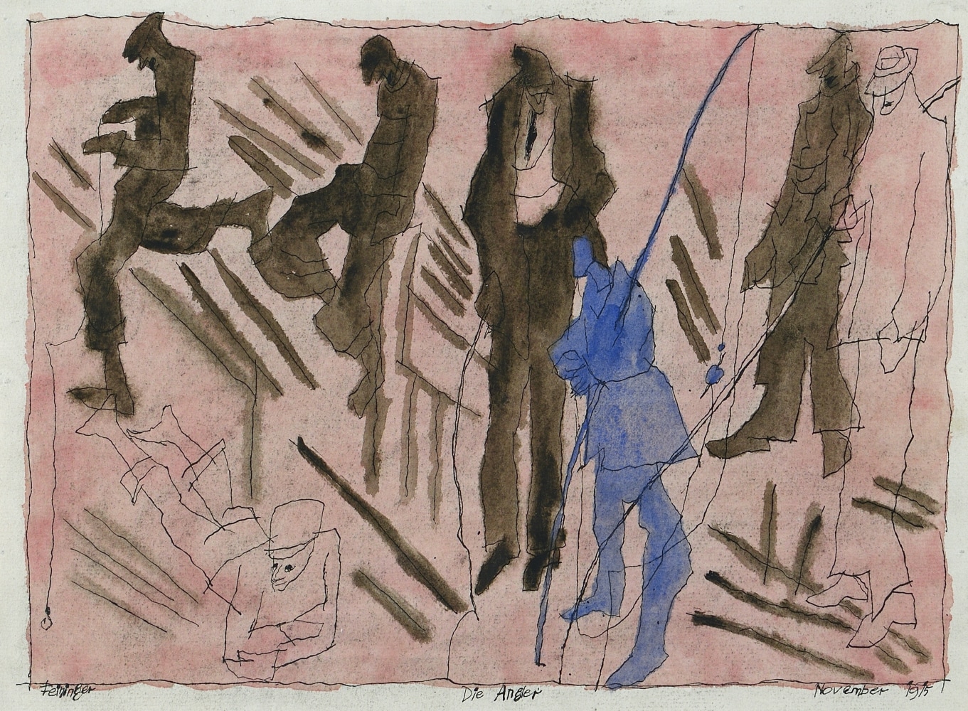 Lyonel Feininger (1871&amp;ndash;1956)

Die Angler, 1915

(The Anglers)

Watercolor and ink on paper

9 9/16&amp;nbsp;x 12 3/8&amp;nbsp;in. (24.3 x 31.4 cm)&amp;nbsp;

Signed lower left:&amp;nbsp;Feininger

Dated lower right:&amp;nbsp;November 1915&amp;nbsp;

Titled lower center:&amp;nbsp;Die Angler&amp;nbsp;

Inscribed bottom left:&amp;nbsp;X L.F.&amp;nbsp;