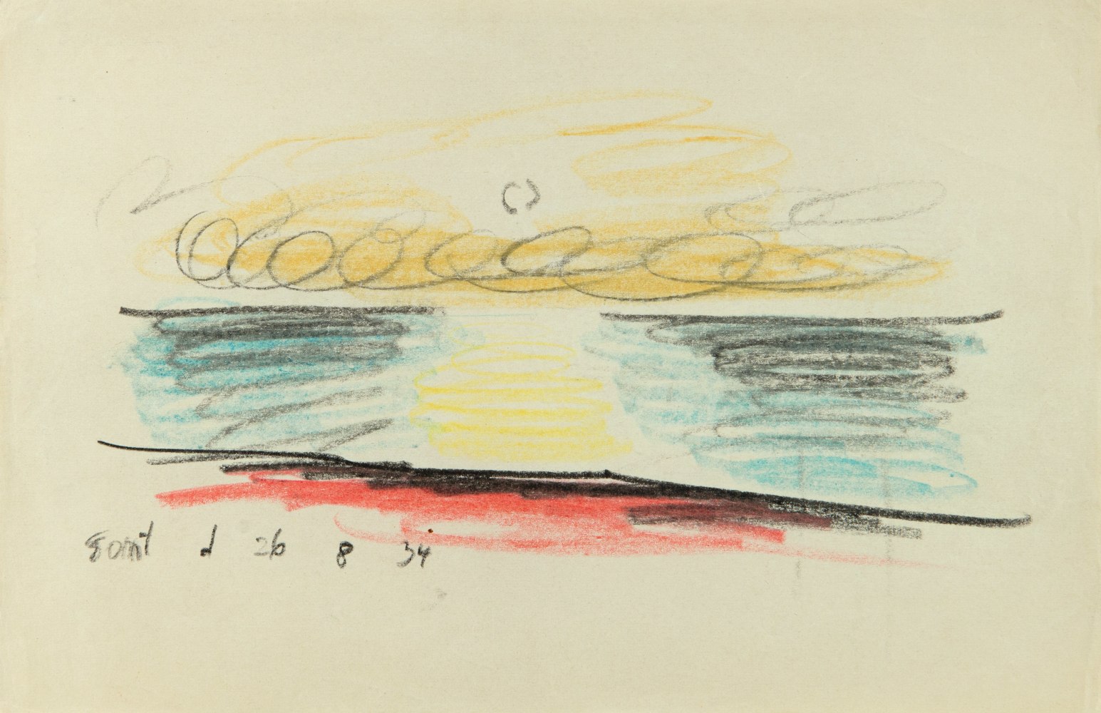 Lyonel&amp;nbsp;Feininger (1871&amp;ndash;1956)
(Sunset at Sea), 1934
Crayon on paper
5 3/4&amp;nbsp;x 9&amp;nbsp;in. (14.6&amp;nbsp;x 22.9&amp;nbsp;cm)
Dated lower left:&amp;nbsp;Sont d 26 8 34