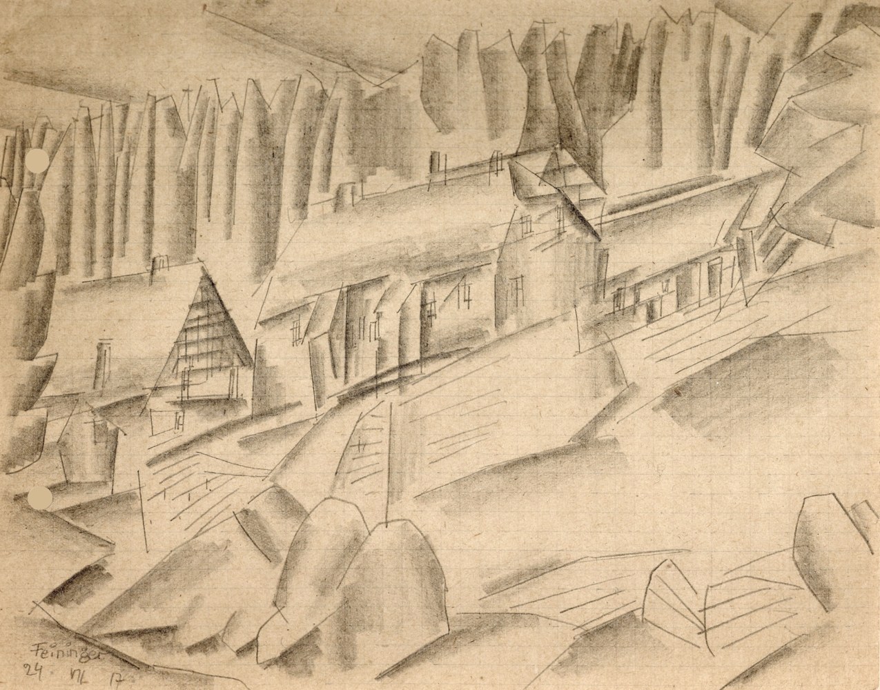 Lyonel&amp;nbsp;Feininger (1871&amp;ndash;1956)

(Houses in the Woods, Harz Mountains), 1917

Pencil on graph paper
6 1/2 x 8 1/8 in. (16.5 x 20.6 cm)
Signed and dated lower left:&amp;nbsp;Feininger 24 VII 17