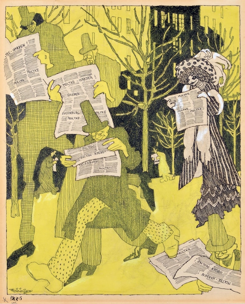 Lyonel Feininger (1871&amp;ndash;1956)

(Newspaper Readers), 1908

Watercolor and ink on paper

10 1/4 x 8 1/2 in. (26 x 21 cm)

Signed lower left:&amp;nbsp;Feininger&amp;nbsp;

Inscribed lower left:&amp;nbsp;L.F. Paris