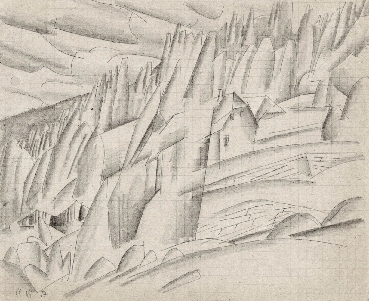 Lyonel Feininger (1871&amp;ndash;1956)
(Houses in the Woods), 1917
Pencil on graph paper
6 1/2&amp;nbsp;x 8 1/8&amp;nbsp;in. (16.5&amp;nbsp;x 20.6&amp;nbsp;cm)
Dated lower left: 18 VII 17