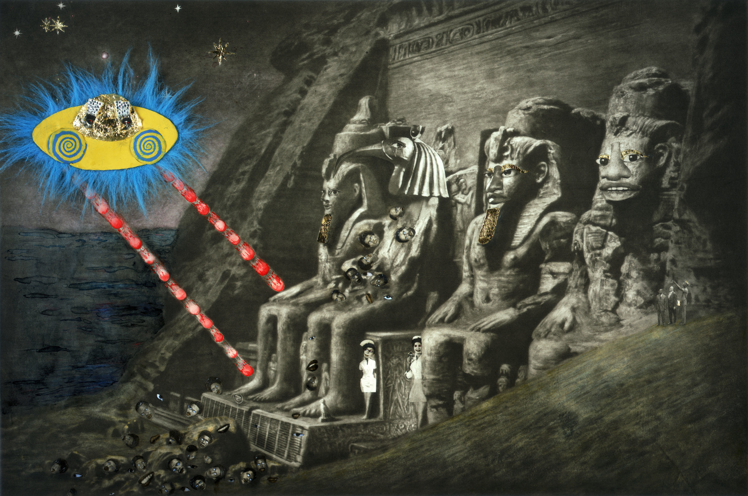 Abu Simbel, 2005
Photogravure, watercolour, colour pencil, varnish, pomade, plasticine, blue fur, gold leaf and crystals
24 1/2&amp;nbsp;x 35 1/2&amp;nbsp;inches&amp;nbsp;
Edition of 25