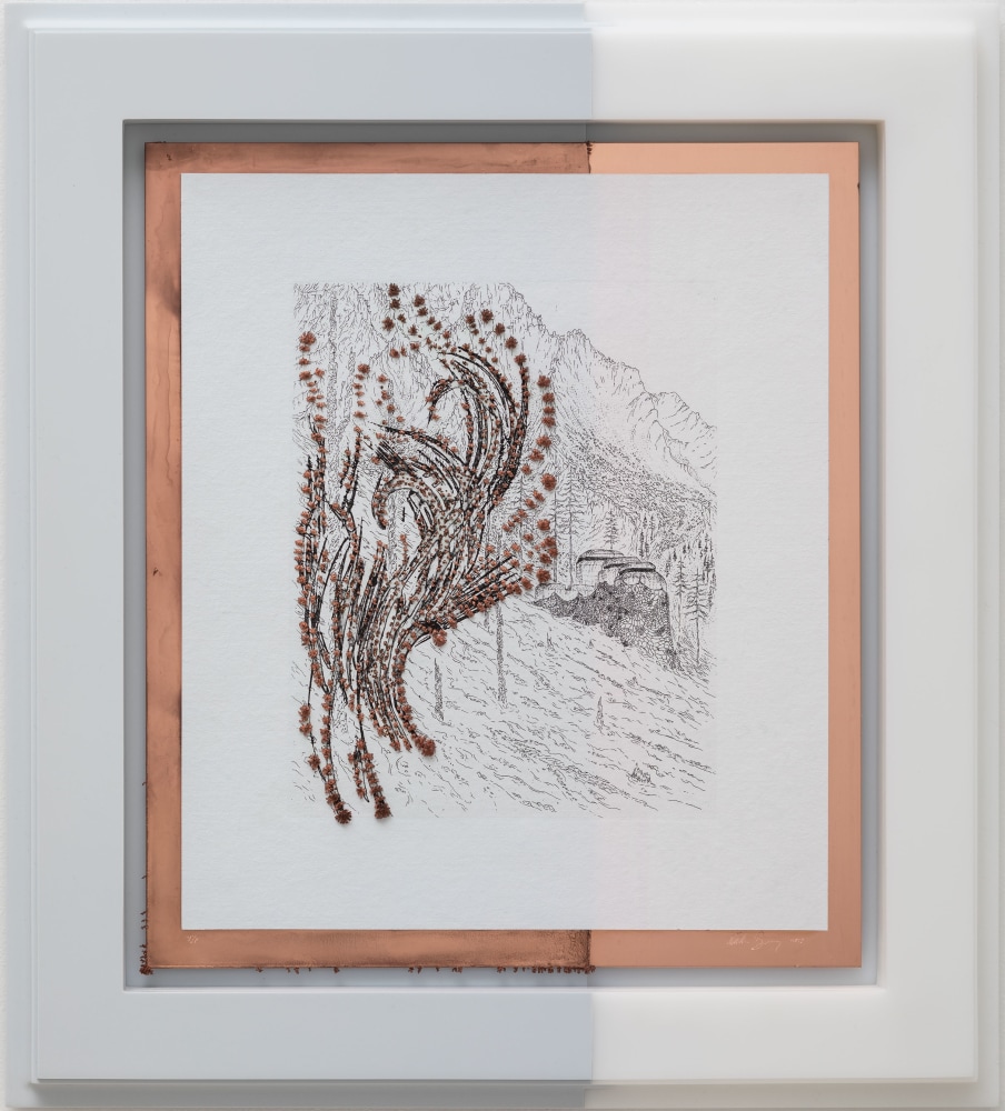 Defensible Space, 2019
Etching in black ink on hand-dyed paper with electro formed copper in high-density polyethylene frame
20 1/2 x 18 1/2 inches&amp;nbsp;
Edition of 12