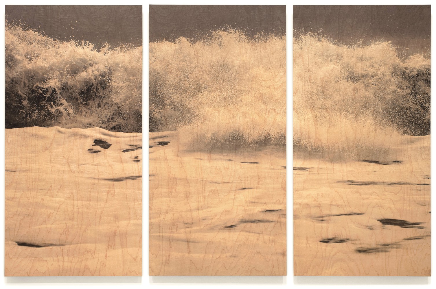 Wood Wave LXXX, triptych

UV cured ink on maple veneer 74 &amp;times; 114&amp;quot;, three panels, 74 &amp;times; 37&amp;quot; (panel size) 2015