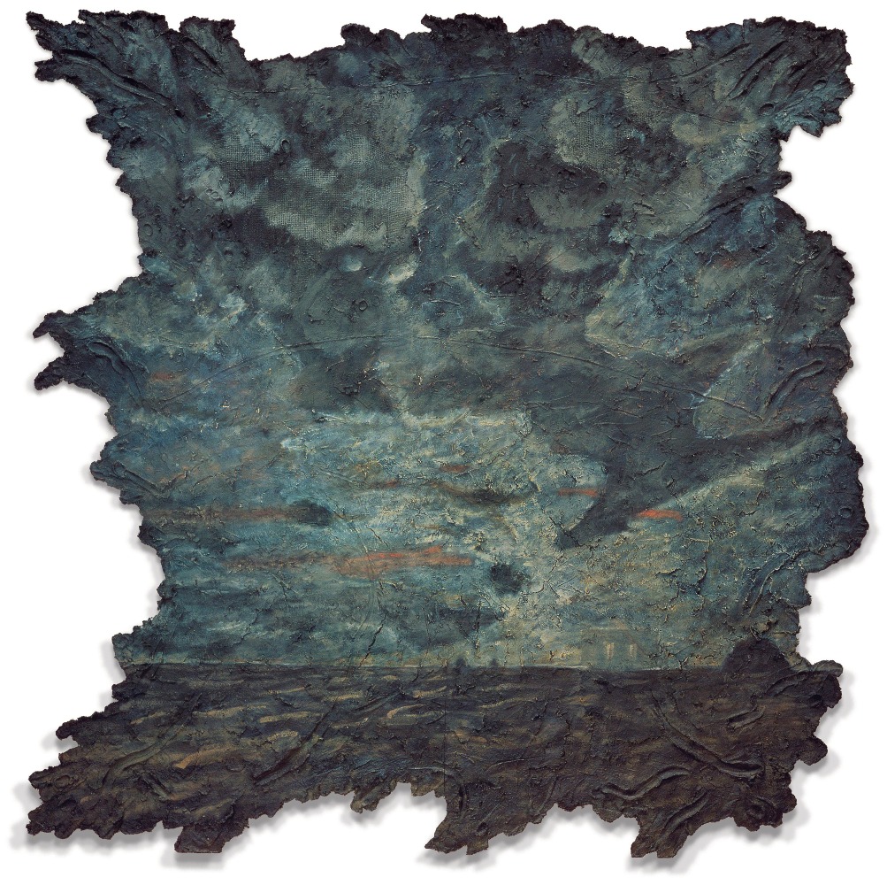 Dark Landscape (Wales)

Oil and papier-m&amp;acirc;ch&amp;eacute; with burlap on aircraft aluminum and balsa wood panel 96 &amp;times; 96&amp;quot; 1987