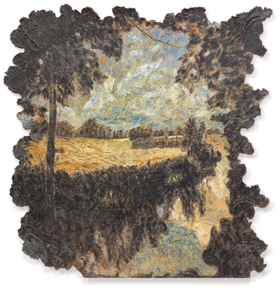 Door to the River

Oil and papier-m&amp;acirc;ch&amp;eacute; with burlap on aircraft aluminum and balsa wood panel 96 &amp;times; 96&amp;quot; 1992