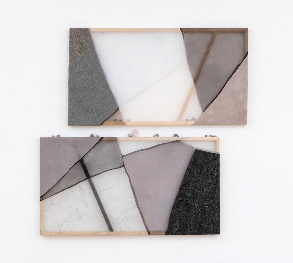 Martha Tuttle
Sediment accumulating in the bend of a river, 2024
Silk, linen, wool, pigment, dye, mineral and aluminum on wooden support with fire darkened bar
Diptych, 64 x 66 3/4 inches (162.6 x 169.5 cm)
(MTU24-12)