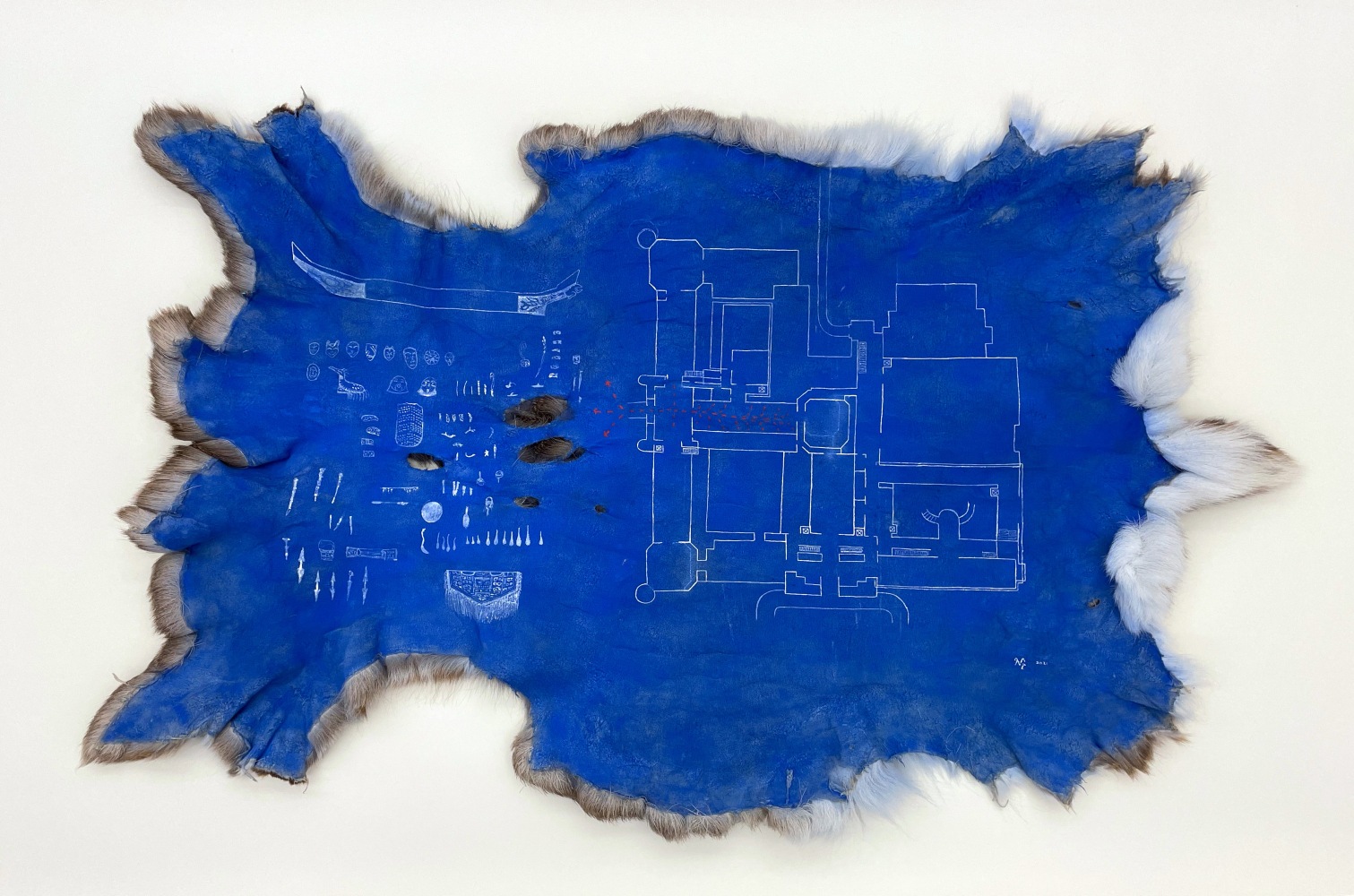 
Nicholas Galanin
Architecture of return, escape (American Museum of Natural History), 2021
pigment and acrylic on deer hide
32 x 61 inches (81.3 x 154.9 cm)
(NGA21-15)