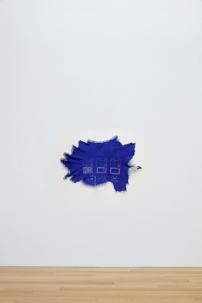 Nicholas Galanin
Architecture of return, escape (Pitt Rivers Museum, University of Oxford), 2025
Pigment and acrylic on deer hide
35 x 51 inches (88.9 x 129.5 cm)
(NGA25-04)