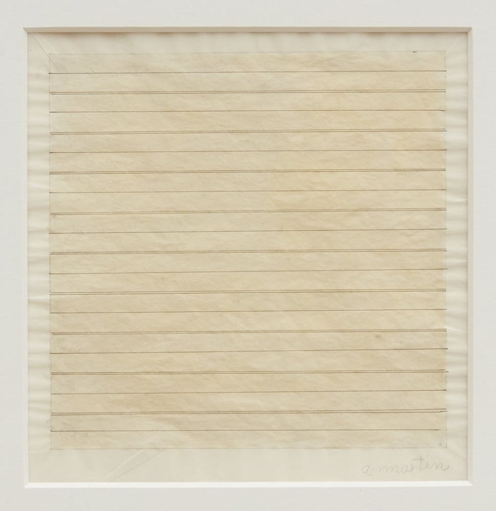 Agnes Martin

Untitled, 1979

Signed &amp;ldquo;a. martin&amp;rdquo; on recto

Watercolor, ink, and graphite on paper

Frame: 17 3/4 x 17 3/4 inches (45 x 45 cm)
Image: 8 7/8 x 8 7/8 inches (22.5 x 22.5 cm)
Cat. Rais.: 1979.016 WP

(AM79-02)