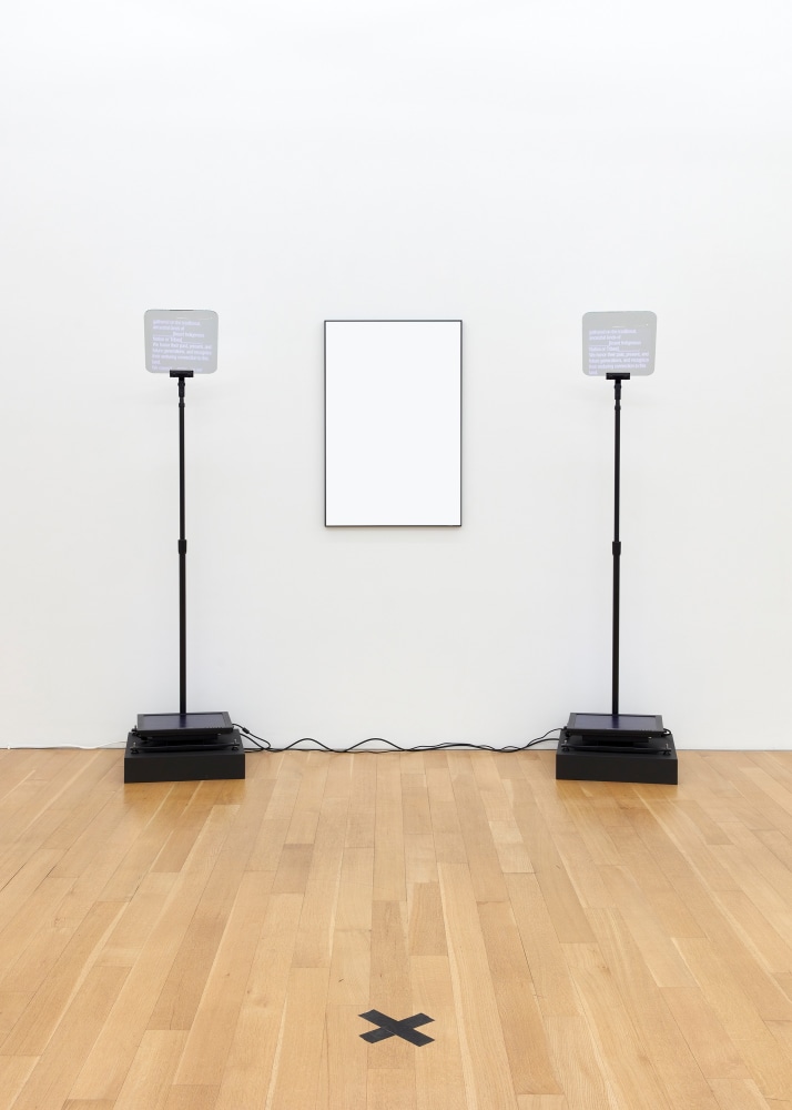 Nicholas Galanin

Pause for Applause, 2024

two teleprompters, mirror, and gaffer&amp;#39;s tape

dimensions variable (approx. 77 1/2 x 127 x 24 inches [196.8 x 322.6 x 61 cm])

(NGA24-47)