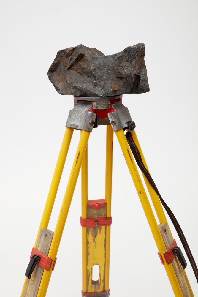 Nicholas Galanin
There is no equivalent translation, 2024
survey tripod, rock and wooden stakes with polar bear hide
overall: 48 x 72 inches (121.9 x 182.9 cm)
survey tripod: 56 x 23 x 25 inches (142.2 x 58.4 x 63.5 cm)
wooden stakes with polar bear hide: 11 x 38 x 36 inches (27.9 x 96.5 x 91.4 cm)